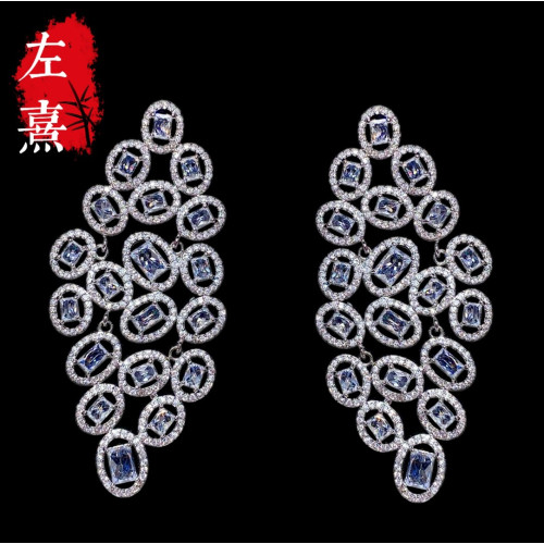 歐美銀針走秀宴會禮服微鑲鋯石奢華耳墜彩色長款流囌霛動氣質耳環