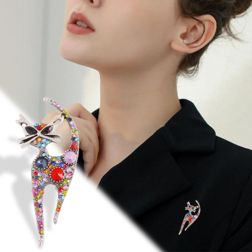 跨境歐美胸花 復古可愛小貓貓咪水鑽動物胸針 精致鑲鑽領針別針