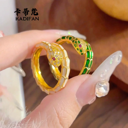 金店同款古法鎏金琺瑯彩本命年生肖蛇點鑽白蛇青蛇戒指新中式