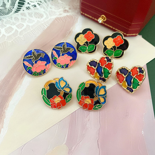 廠家直銷宮廷古典中國風滴油琺瑯桃心蝴蝶花朵925銀針耳釘耳環女