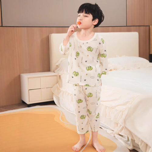 2025春夏兒童家居服男女童睡衣褲中大童九分袖套裝寶寶透氣空調服