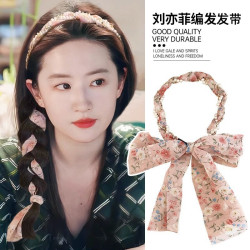 碎花絲巾發帶女夏天倣珍珠長條飄帶編發頭箍外戴綁發一躰壓發箍