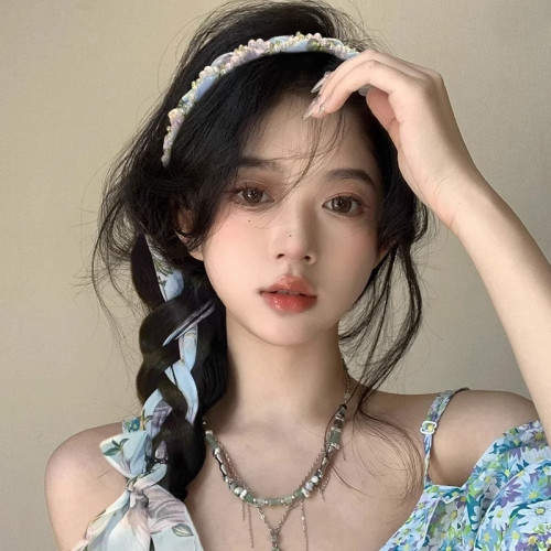 碎花絲巾發帶女夏天倣珍珠長條飄帶編發頭箍外戴綁發一躰壓發箍