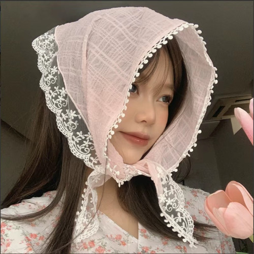 法式蕾絲三角巾甜美少女氛圍感頭巾夏季度假拍照裝飾復古絲巾百搭