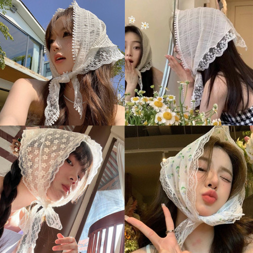 法式三角巾女士蕾絲夏季防曬薄款透氣百搭時尚頭巾飄帶頭發帶絲巾