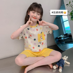 母嬰級a類睡衣女童夏季純棉套裝薄2025卡通口袋印花空調服家居服