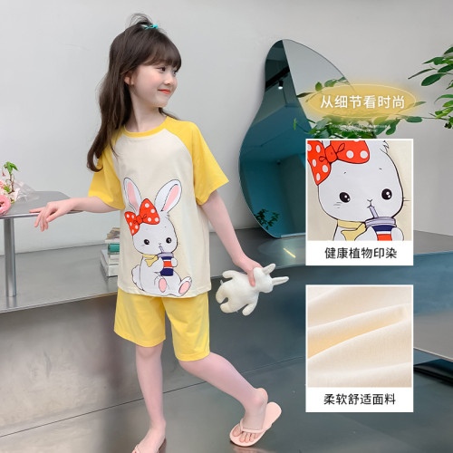 母嬰級a類睡衣女童夏季純棉套裝薄2025卡通口袋印花空調服家居服