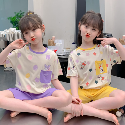 母嬰級a類睡衣女童夏季純棉套裝薄2025卡通口袋印花空調服家居服