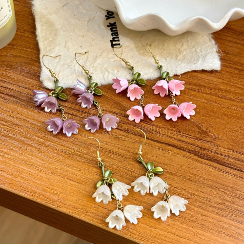 超仙流囌森系花朵耳環氣質長款鈴蘭花耳墜耳釘甜美耳飾蚊香磐耳夾