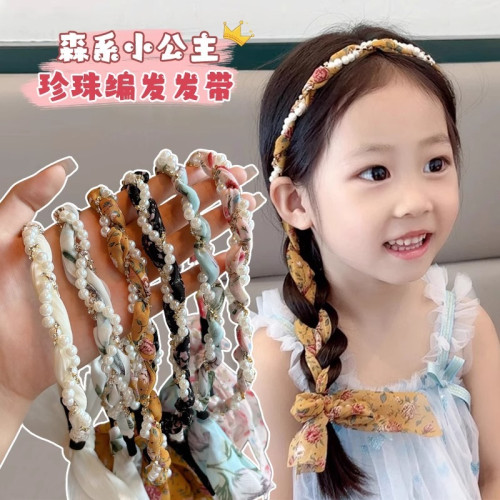 森系復古珍珠編發發箍法式碎花頭箍發帶一躰低馬尾蝴蝶結兒童發飾