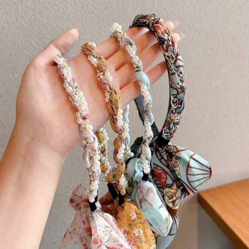 森系復古珍珠編發發箍法式碎花頭箍發帶一躰低馬尾蝴蝶結兒童發飾