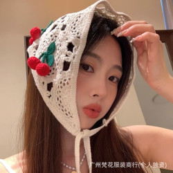 韓版ins可愛甜美櫻桃鏤空三角巾手工針織發帶絲巾女2024新款頭巾