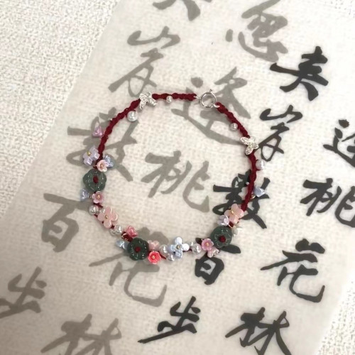 酒紅色mini小花花蝴蝶編織手繩簡約顯白珍珠春夏手鏈個性百搭手飾