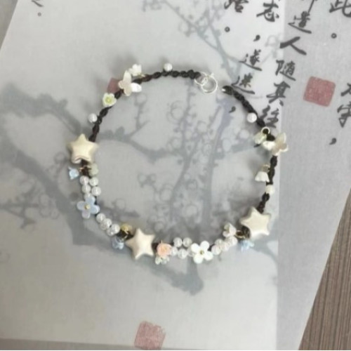酒紅色mini小花花蝴蝶編織手繩簡約顯白珍珠春夏手鏈個性百搭手飾