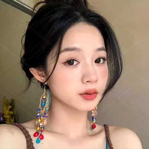 波西米亞民族風流囌耳環女2024新款爆款高級感耳釘誇張度假風耳飾
