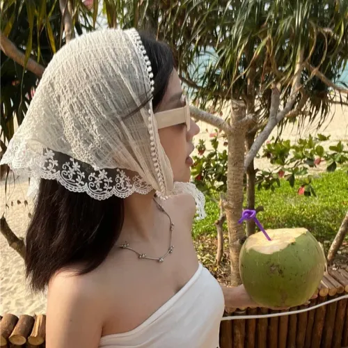 三角巾女士夏季薄款防曬蕾絲頭巾法式薄款透氣百搭發帶包頭帽絲巾