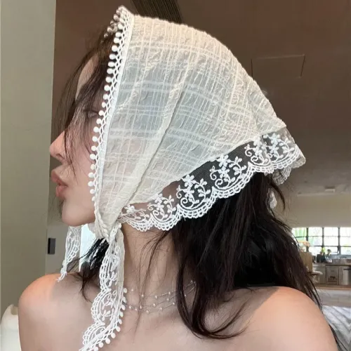 三角巾女士夏季薄款防曬蕾絲頭巾法式薄款透氣百搭發帶包頭帽絲巾