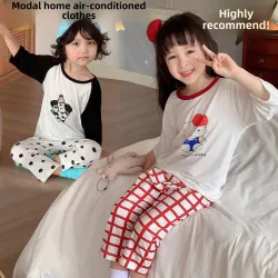 莫代爾睡衣兒童男童空調服女孩家居服中大童寶寶家居服七分袖套裝