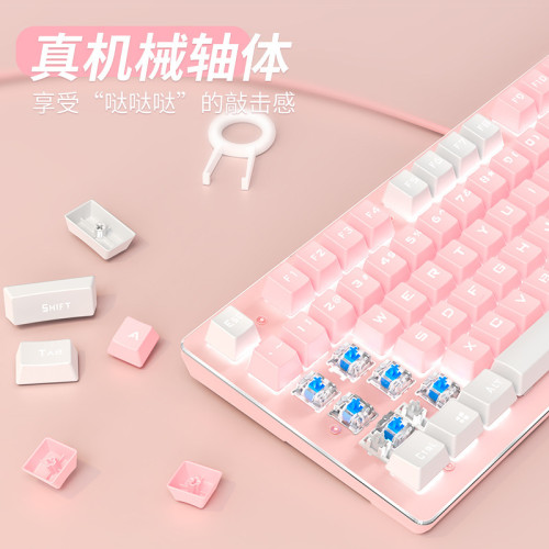 前行者機械鍵盤粉色女生辦公有線電腦滑鼠套裝遊戯青軸高顔值