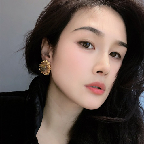 精美設計感彩色乾花琥珀耳環法式復古鍍18K啞金高級感個性耳飾品
