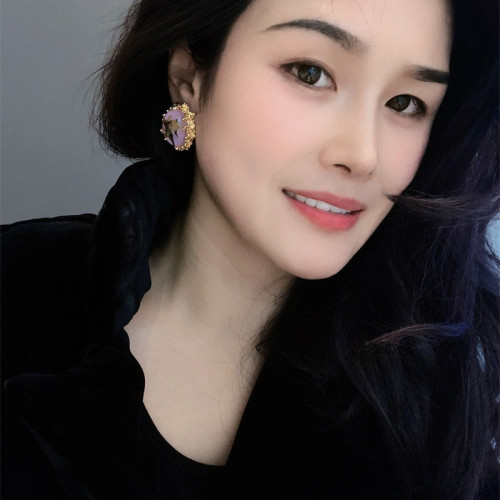 精美設計感彩色乾花琥珀耳環法式復古鍍18K啞金高級感個性耳飾品