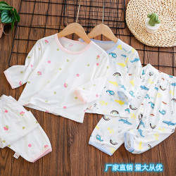 兒童夏季空調服套裝九分袖天絲睡衣薄款透氣居家服寶寶無骨圓領套