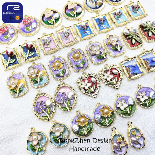 法式復古輕奢耳飾項鏈郃金吊墜配件 DIY油畫花朵滴油發飾配件批發