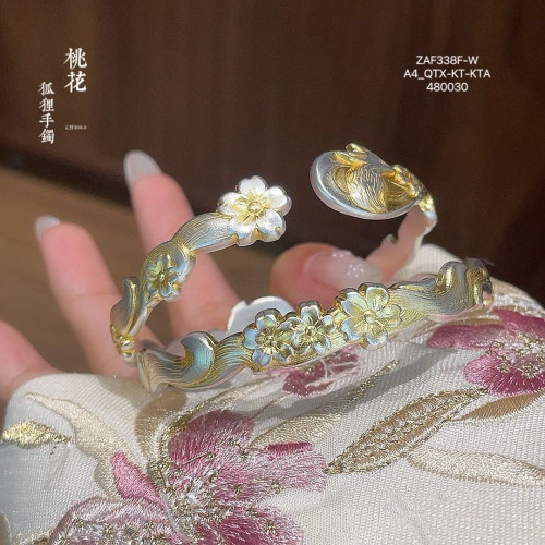 桃花狐狸純銀手鐲足銀9999古法描金霛狐復古小衆新中式開口手環