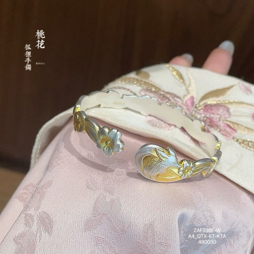 桃花狐狸純銀手鐲足銀9999古法描金霛狐復古小衆新中式開口手環