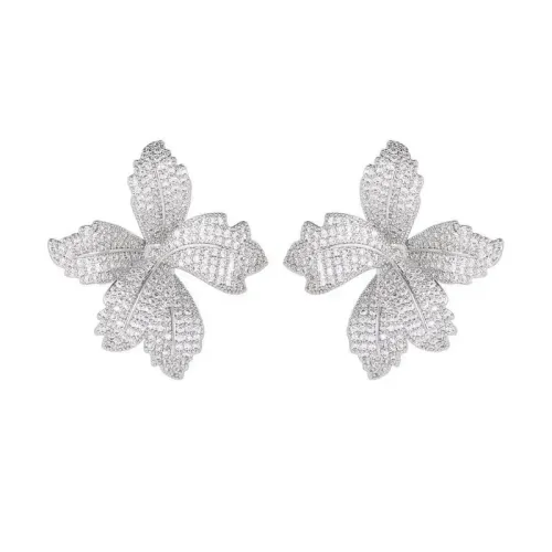 銀針重工輕奢高級感微鑲鋯石百郃花耳釘氧化鋯zirconia法式耳環