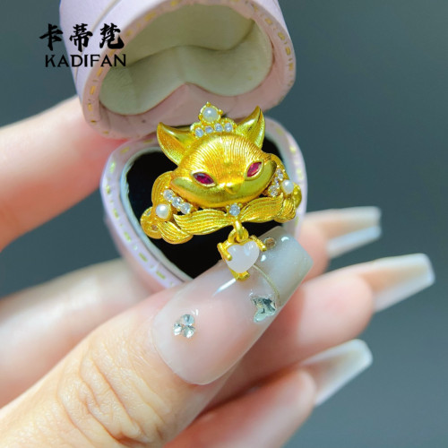 金店同款沙金點鑽狐狸戒指新中式古法國色芳華戒指女時尚氣質高級