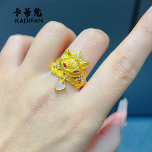 金店同款沙金點鑽狐狸戒指新中式古法國色芳華戒指女時尚氣質高級