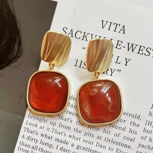 中古vintage咖色方形耳環美拉德復古氣質耳釘輕奢高級感耳飾批發