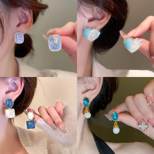 高級感設計小衆氣質耳釘女藍色系耳環輕奢大氣精致輕奢百搭耳飾品