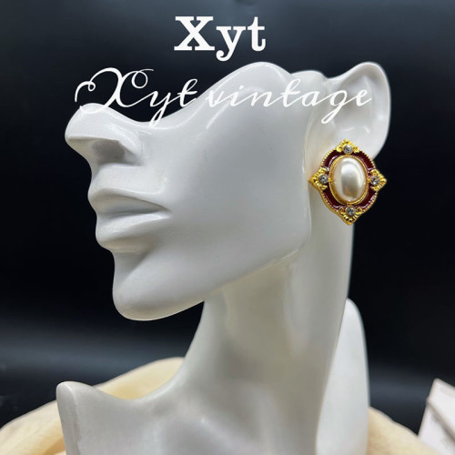 中古vintage復古宮廷風耳釘 紅色鑲珍珠鑲鑽優雅耳飾港風氣質耳釘