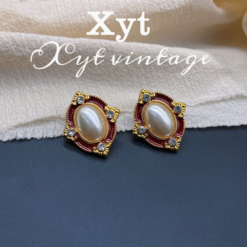 中古vintage復古宮廷風耳釘 紅色鑲珍珠鑲鑽優雅耳飾港風氣質耳釘
