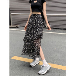 不規則雪紡碎花裙子半身裙夏季大碼開叉遮胯中長裙高腰a字裙女裝