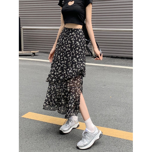 不規則雪紡碎花裙子半身裙夏季大碼開叉遮胯中長裙高腰a字裙女裝