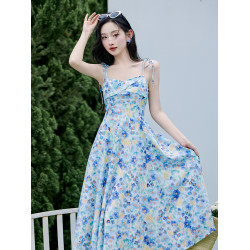 茶歇法式藍色碎花裙海邊度假沙灘裙油畫吊帶連衣裙超好看氣質長裙