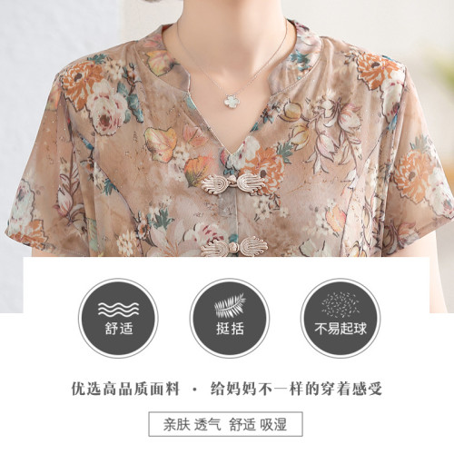 2025新款媽媽夏裝雪紡連衣裙中年女裝夏季短袖中老年旗袍碎花裙子