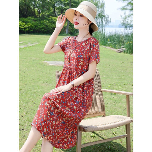 2025新款高級夏季顯瘦棉綢連衣裙薄款寬松遮肉中老年人造棉碎花裙