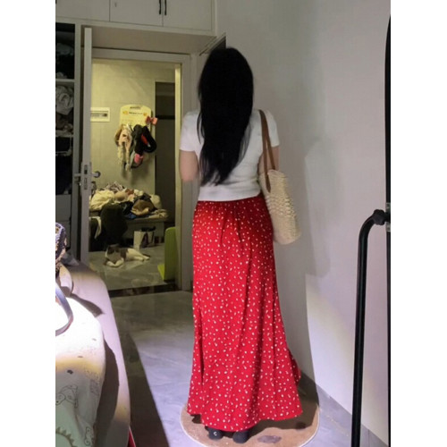 紅色不規則半身裙大碼2025夏季薄款碎花裙微胖mm中長款顯瘦a字裙