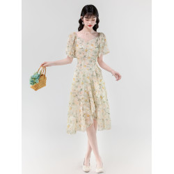 連衣裙女夏季2025年新款小個子氣質今年流行漂亮不規則雪紡碎花裙