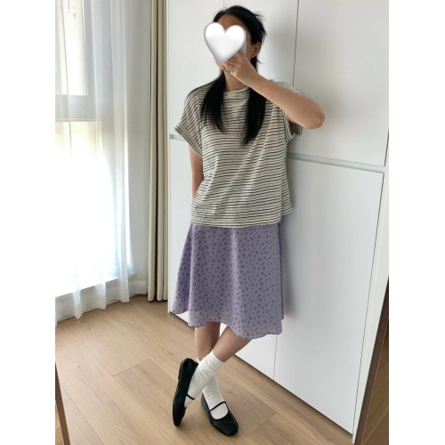 SEEEEMI 輕盈感~夏季紫色碎花裙松緊腰甜美a字顯瘦百搭雪紡半身裙