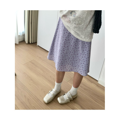 SEEEEMI 輕盈感~夏季紫色碎花裙松緊腰甜美a字顯瘦百搭雪紡半身裙