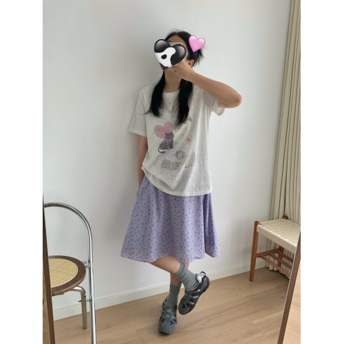 SEEEEMI 輕盈感~夏季紫色碎花裙松緊腰甜美a字顯瘦百搭雪紡半身裙