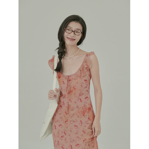 HAVERICE飯館 輕舞薔薇 新款碎花法式氣質收腰斜裁仙女裙連衣裙