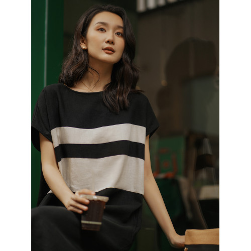 無謂韓式文藝2025夏季新款女裝寬松撞色拼裝天絲亞麻直筒連衣裙女