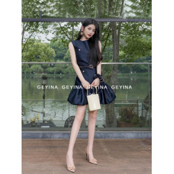 【智秀同款】GEYINA高定2025早秋款S藏藍色收腰P芭蕾風花苞連衣裙