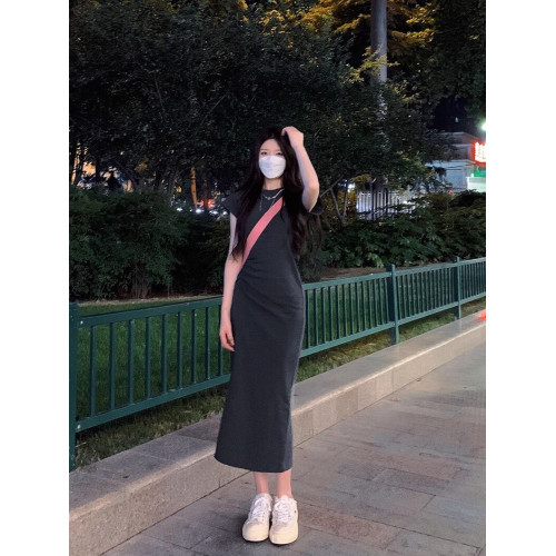 高個子加長灰色收腰褶皺氣質顯瘦棉質直筒休閒短袖T恤連衣裙女夏